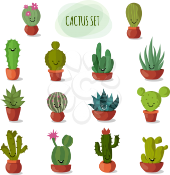 Funny and cute cartoon desert cactus in pots vector set. Floral cactus collection. illustration of funny garden cactus with face