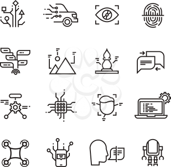 Neural network, artificial intelligence line vector icons. Face, speech and image recognition. Machine computer with artificial intelligence, illustration of neural connect with artificial intelligence