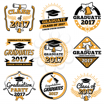 Vintage student graduate vector badges. Graduation celebration labels. Graduation celebration label, illustration of diploma and cap to ceremony