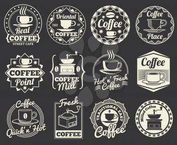 Vintage coffee shop and cafe logos, badges and labels. Coffee place emblem, illustration of label or logo for coffee shop