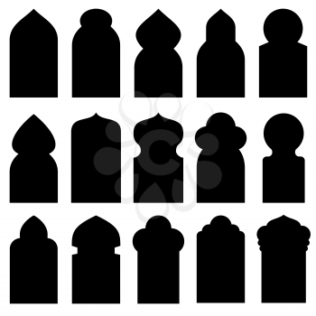 Arabic arch windows and doors in traditional islamic style vector silhouettes. Illustration of black silhouettes door and window