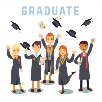 University young graduate students. Graduation and education vector concept. Academic student group, illustration of students man and woman with diploma