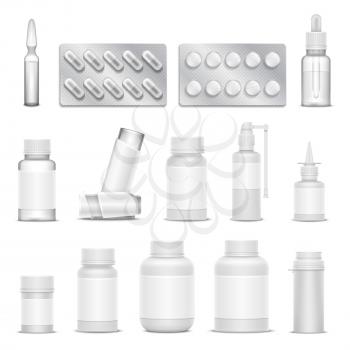 White blank medicine pharmaceutical packaging vector mockups. Bottles spray and drugs. Medication drugs isolated, illustration of bottle and ampoule drug