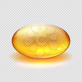 Transparent yellow capsule of drug, vitamin or fish oil macro vector illustration. Vitamin translucent pill drug, capsule translucent pharmaceutical