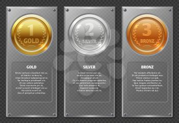 Sports or business vector infographics with winners award medals. Trophy medal and winner prize medals in transparency plate illustration