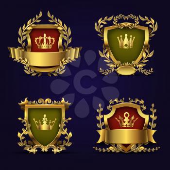 Royal heraldic vector emblems in victorian style with golden crown, shield and laurel wreath. Royal golden award crown with shield illustration