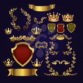Golden vector heraldic elements. Kings crowns, laurel wreath and royal shield for 3d labels and badges. Frame heraldic crown, illustration of golden royal crown