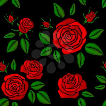 Embroidered red rose flowers vector vintage seamless floral pattern for fashion design. Embroidery with red flower, fashion flower rose pattern illustration
