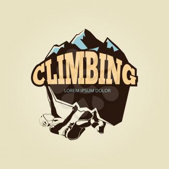 Vintage mountane climbling logo with person. Emblem climbing expedition, vector illustration