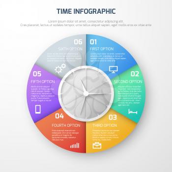 Time schedule vector infographic with clock and watch steps. Round infographic template, illustration of presentation time infographic