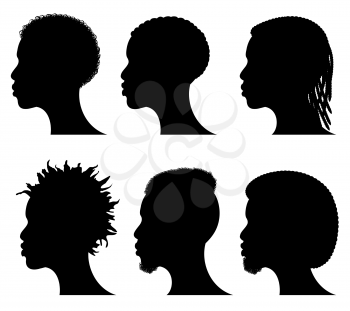 Afro american young men face silhouettes. African male black profiles. Hairstyle profile silhouette head, illustration of afro american hair