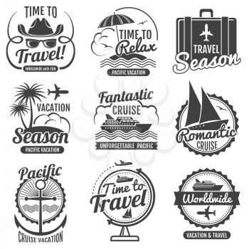 Travel adventure vector vintage labels and emblems. Vintage logo vacation, illustration of logo romantic cruise