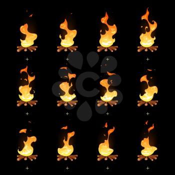 Cartoon vector bonfire flame animated sprites. Fire animation illustration, burning campfire ui