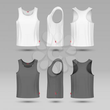 Mans white blank tank singlet. Male shirt without sleeves vector template. T-shirt front and back, illustration of mock up shirt