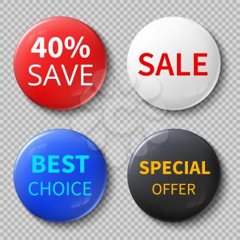 Glossy 3d sale circle buttons or badges with exclusive offer promotional text vector mockups. Consumerism and special offer, badge souvenir promotion illustration