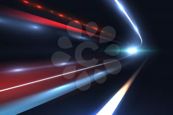 Car speed lines. Light trails tragic of long exposure abstract vector background. Light night road tunnel for car or train illustration