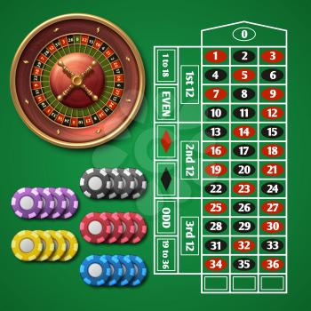 Online casino roulette and gambling table with chips vector set. Illustration design roulette table for casino