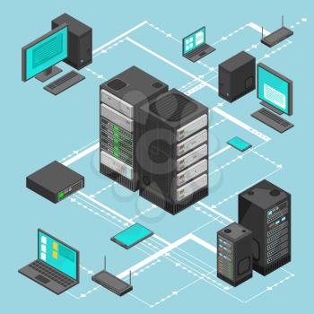 Data network management vector isometric map with business networking servers, computers and device. Server data information map illustration