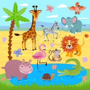 Baby jungle and safari zoo animals vector nature background. Wildlife safari zoo, illustration of wild animals giraffe and turtle