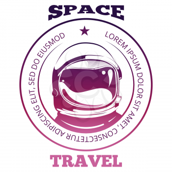 Colorful space travel label design with astronaut in spacesuit isolated on white background. Vector illustration