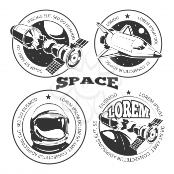Space labels set - labels or logo with shuttle, international space station and astronaut. Vector illustration