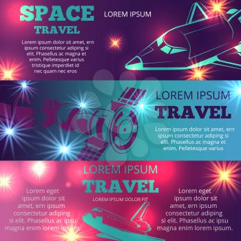 Space travel horizontal banners template with shuttle and intenational space station. Vector illustration
