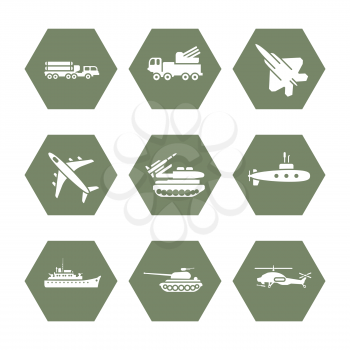 Military transportation icons set - army icons design. Army transport for war, vector illustration