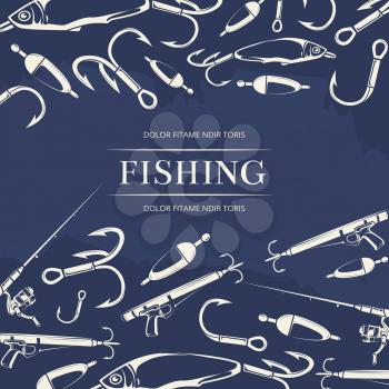 Fishing poster with hook, fishing rod and gun and fish. Vector illustration