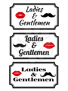 Ladies and gentlemens name plate with lips and mustaches. Vector illustration