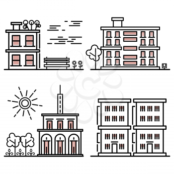 Line art houses collection - city objects with nature elements. Linear buildings illustration