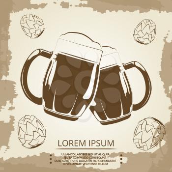 Beer mugs and hops vintage poster for beer shop. Beverage in mug banner. Vector illustration