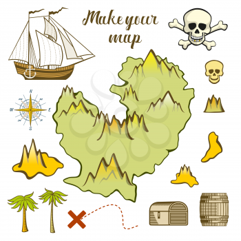 Make your map of island - game for kids with ship, island silhouette, treasure, skull. Vector illustration