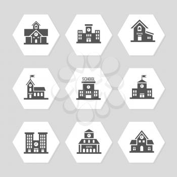 School buildings flat icons. Collection of design education buildings. Vector illustration