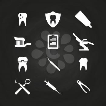 Stomatology icons set on chalkboard - teeth care icons. Care health icon, vector illustration