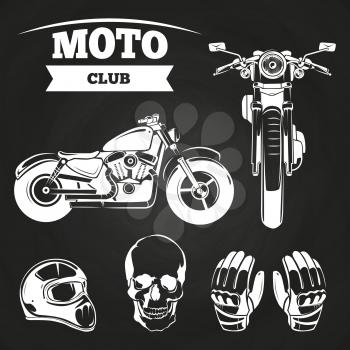 Moto club objects - human skull, motorcycle, helmet and gloves on blackboard. Vector illustration