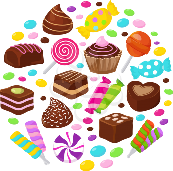 Colourful fruit candies and chocolate sweets flat icons in circle design. Sweet snack candy chocolate, illustration of sweet tasty caramel lollipop