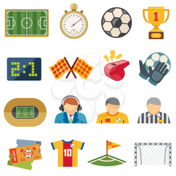 Football sports flat vector icons. Soccer game symbols. Football game team, trophy and ticket illustration