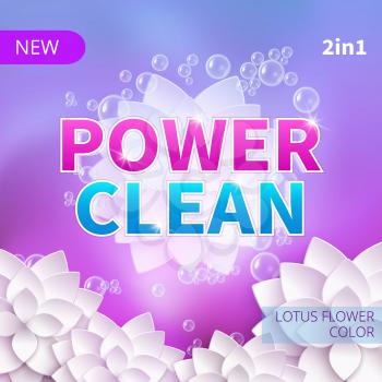 Washing powder and detergent vector packing product design. Clean concept with foam bubbles. Detergent wash template banner for pack design illustration