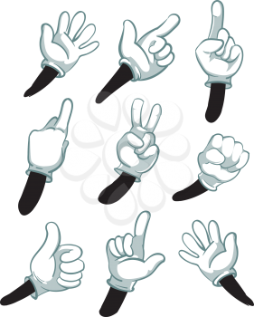 Cartoon arms, gloved hands. parts of body vector illustration. Hand in white gloves, collection of hand gestures