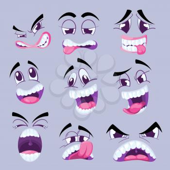 Cartoon funny faces with different expressions vector collection. Character face with variety expressions, illustration of happy face