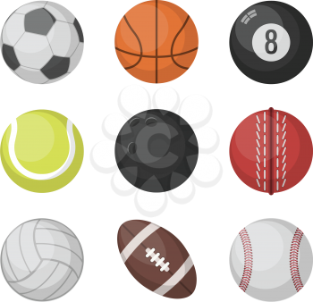 Sports balls vector set. Basketball and soccer, tennis and football, baseball, bowling, golf, volleyball balls. Collection of sport balls illustration