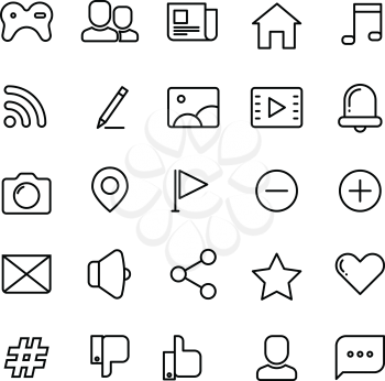 Web, social network, social media and communication thin line vector icons. Collection of icons for social networking application illustration