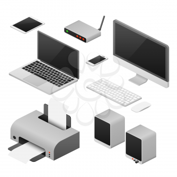 Isometric 3D digital vector computers and supplies of office workspace. Workplace with laptop, speaker and printer, illustration of digital device for work