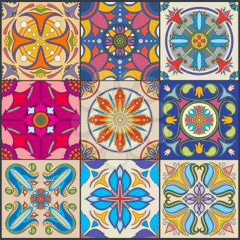 Vector patchwork seamless wall tile pattern, ceramic mexican tiles. Traditional mosaic tile for floor or wall, illustration of floral tiles