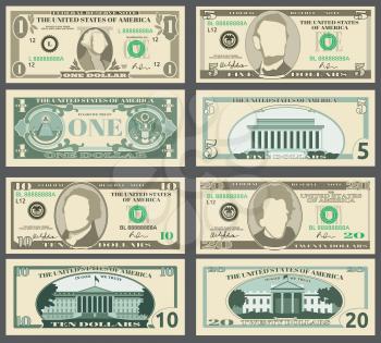 Dollar banknotes, us currency money bills vector set. Templates of banknotes, illustration of american banknotes pattern