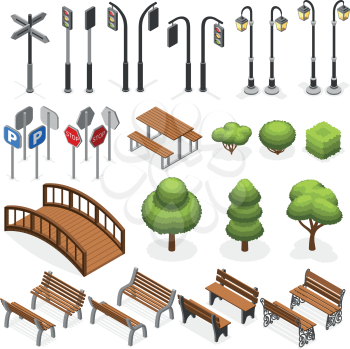 Urban city street miniature isometric vector objects, benches, trees, streetlight, seats, road signs. Urban object bench and tree, elements for urban design illustration