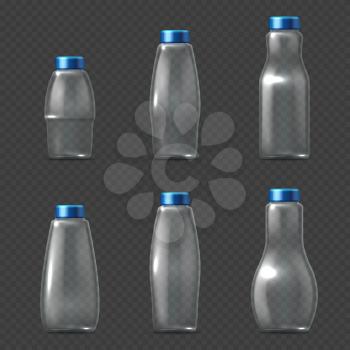 Empty glassware fragile packaging, transparent glass bottles milk, juice and water vector illustration. Set of empty bottle with cap for water, realistic glossy clear bottles