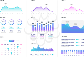 Ui dashboard. Modern infographic with gradient finance graphs, statistics chart and column diagrams. Analysis internet vector report. Illustration of chart and diagram, graph and infographic