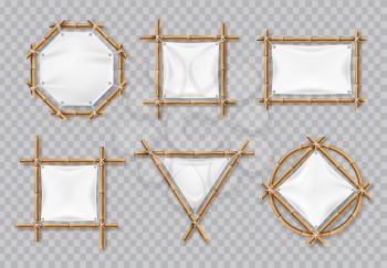 Bamboo frames with white canvas. Chinese bamboo signs with blank textile banners. Isolated vector set. Illustration of bamboo frame, banner empty placard for message