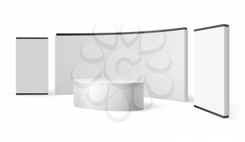 White exhibition stand. Blank trade show booth promotional display. Event panel vector 3d isolated template. Illustration of stand mockup for promotion and presentation news studio